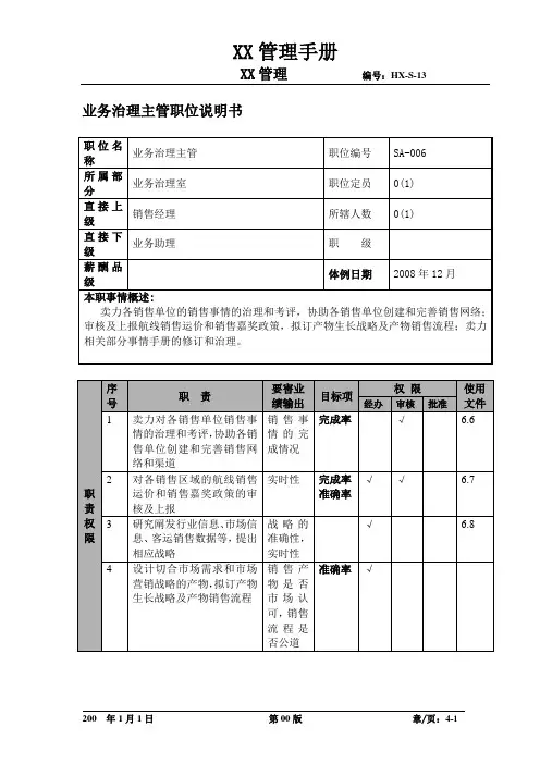 某航空物流公司业务管理主管职位说明书及关键绩效标准