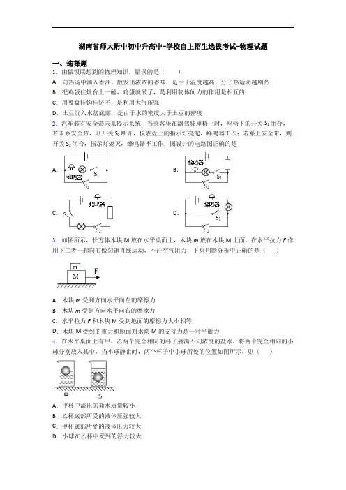 湖南省师大附中初中升高中-学校自主招生选拔考试-物理试题