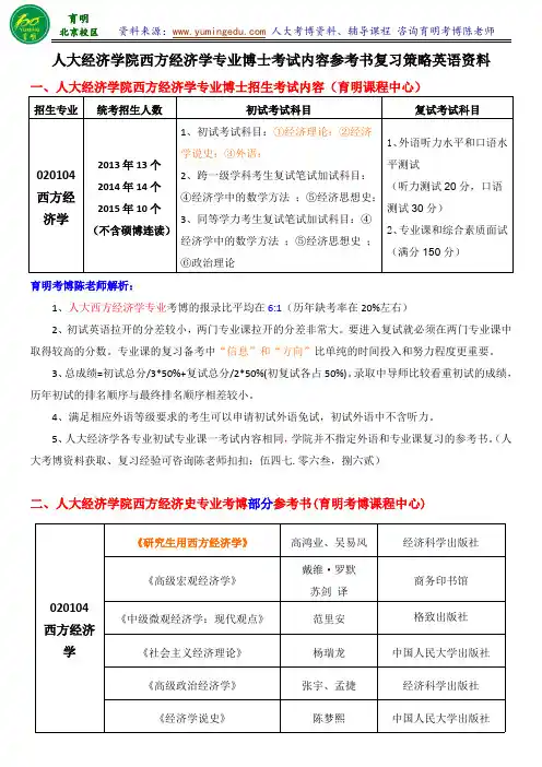 人大经济学院西方经济学专业考博考试重点参考书考试内容复习资料-育明教育