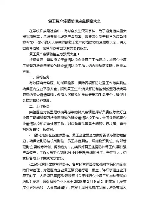 复工复产疫情防控应急预案大全