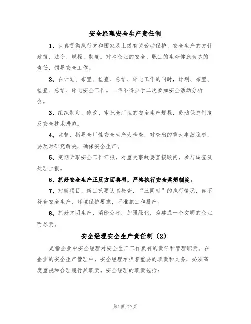 安全经理安全生产责任制（5篇）