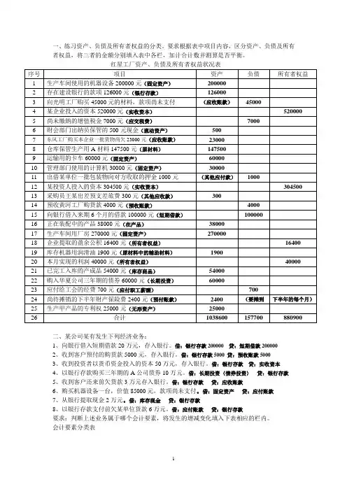会计要素与会计等式练习(答案)