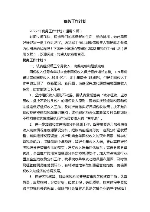 2022年税务工作计划（通用5篇）