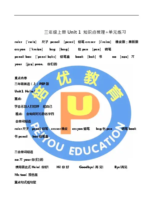 PEP英语三年级上册 Unit 1 知识点梳理