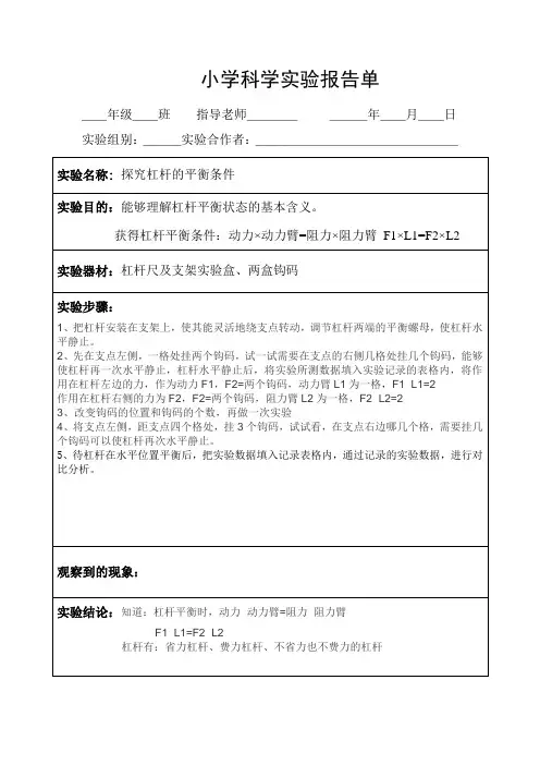 《探究杠杆的平衡》六年级科学实验报告单