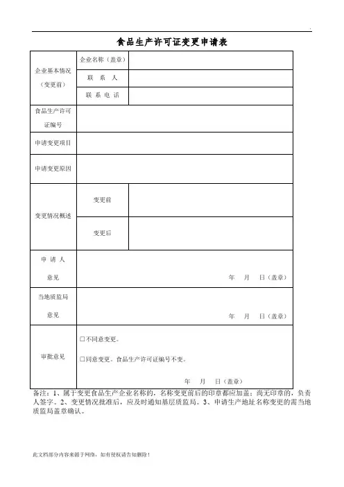 《食品生产许可证变更申请表》