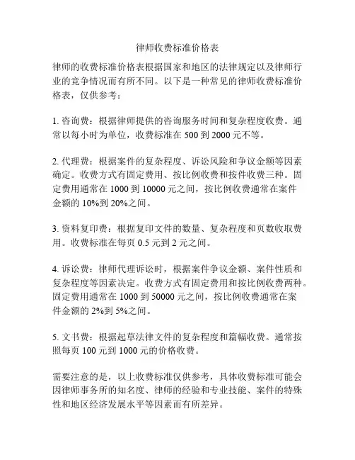 律师收费标准价格表