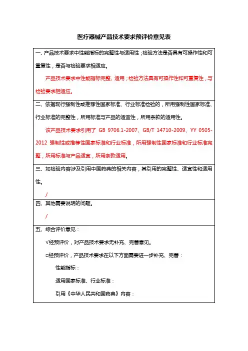 医疗器械产品技术要求预评价意见表