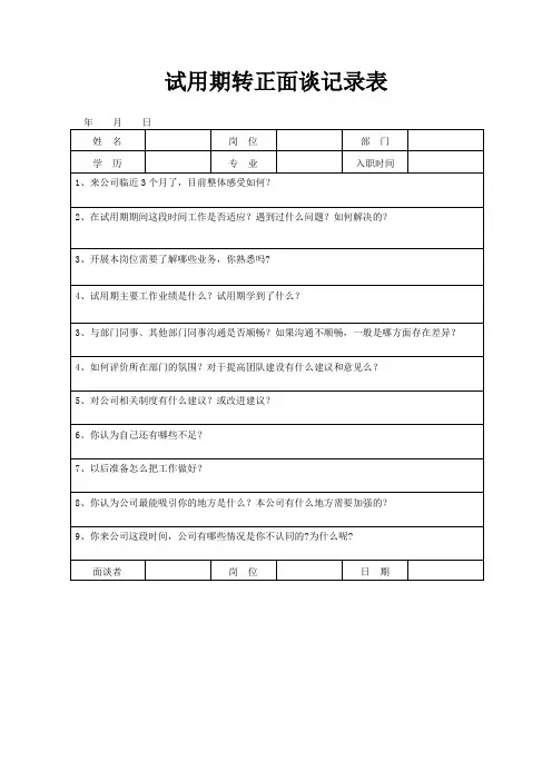 《试用期转正面谈记录表》模板