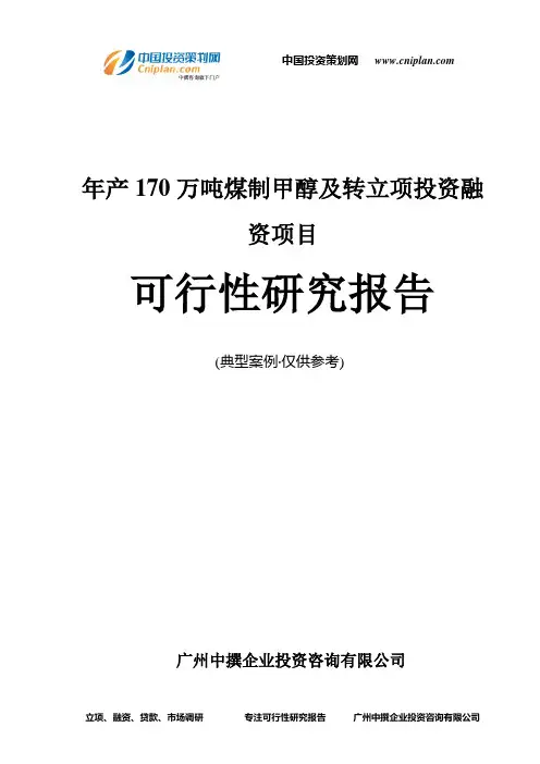 年产170万吨煤制甲醇及转融资投资立项项目可行性研究报告(中撰咨询)