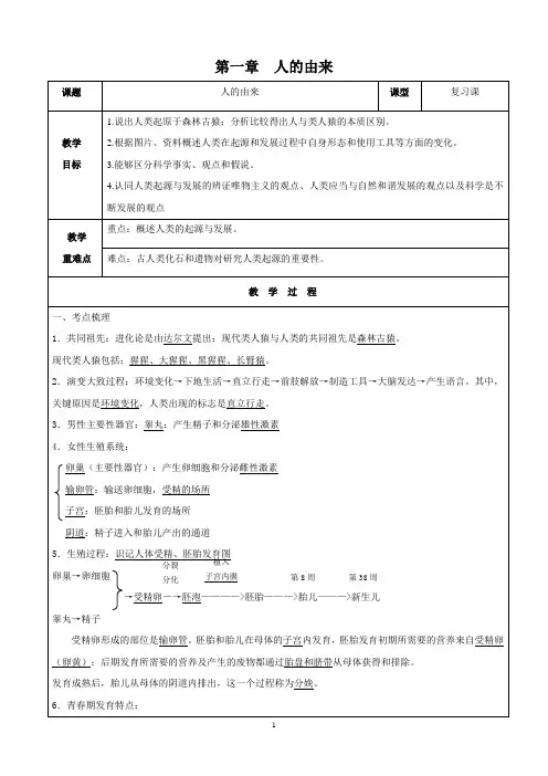 人教版七年级生物(下)第一章人的由来复习教案