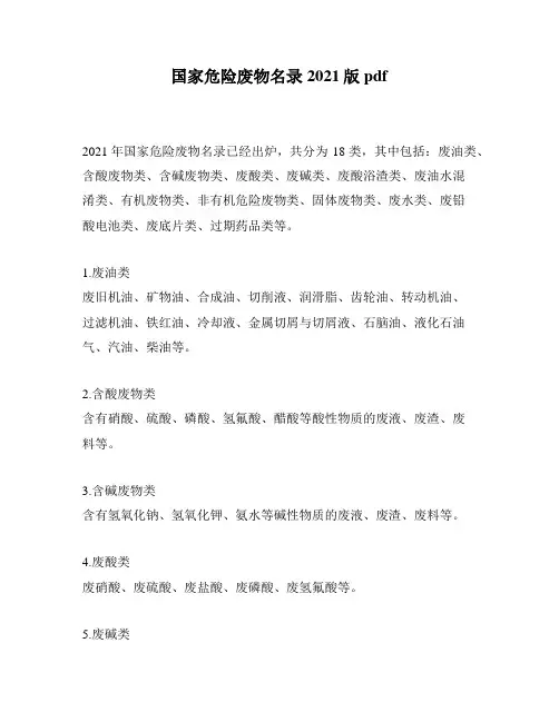 国家危险废物名录2021版pdf