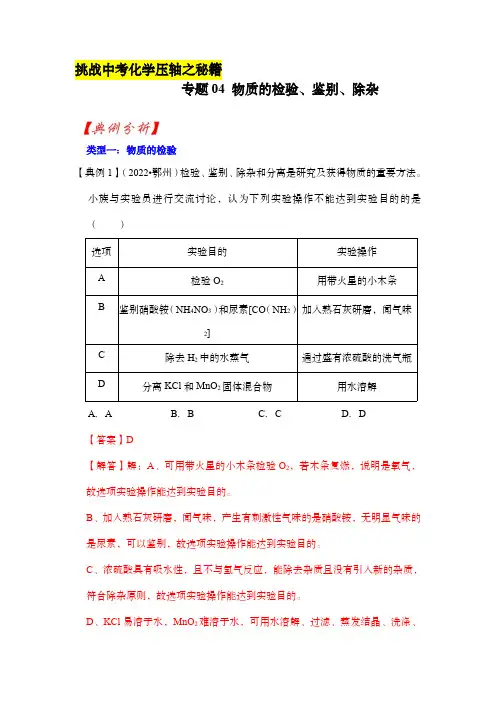 2024年中考化学压轴题之秘籍：专题04 物质的检验、鉴别、除杂(解析版)