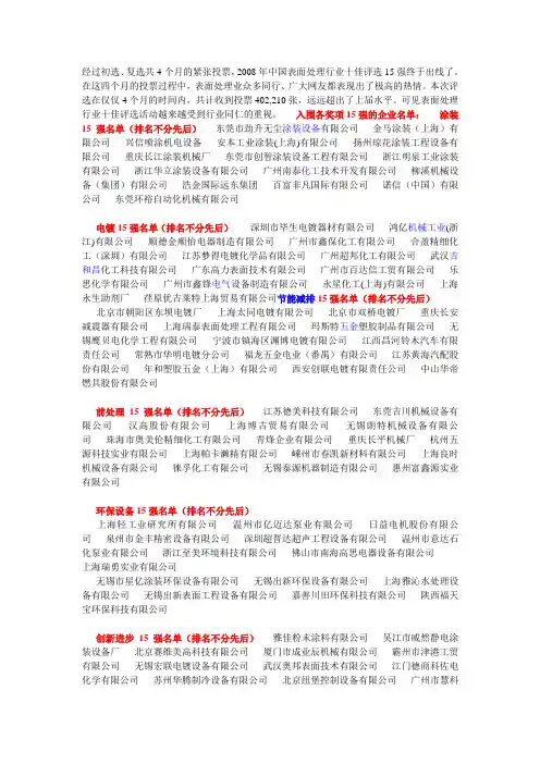 2008中国表面处理行业十佳评选15强名单出炉