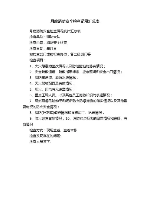月度消防安全检查记录汇总表
