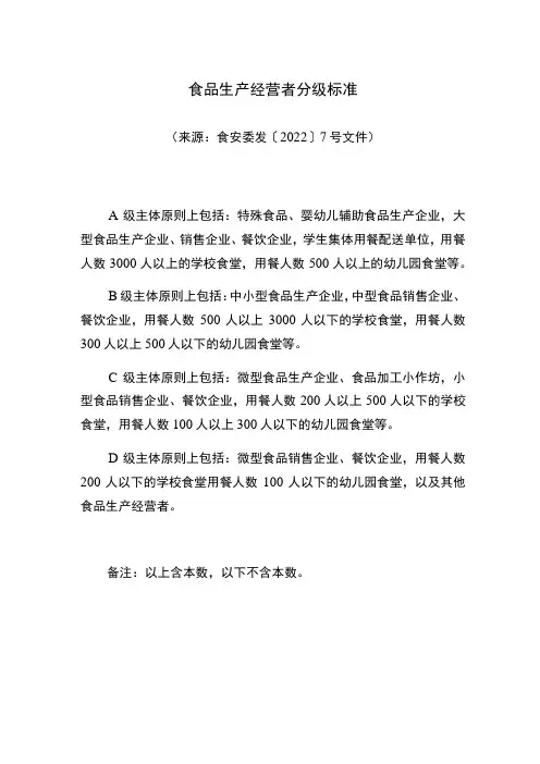 食品生产经营者分级标准