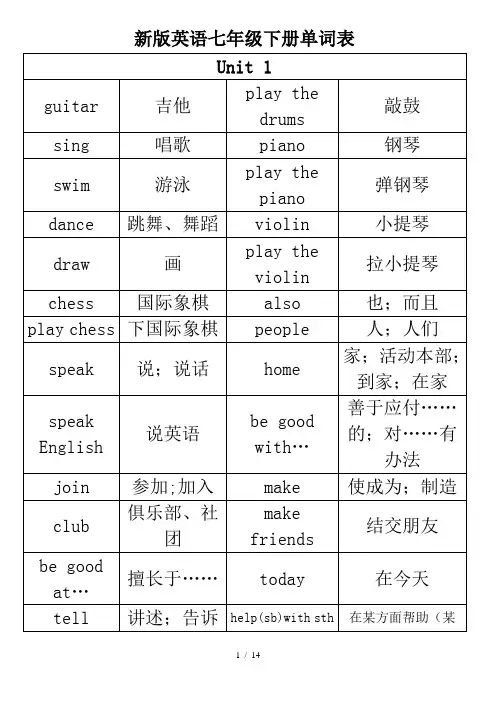 新版英语七年级下册全册单词表