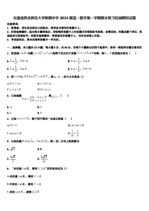 甘肃省西北师范大学附属中学2024届高一数学第一学期期末复习检测模拟试题含解析