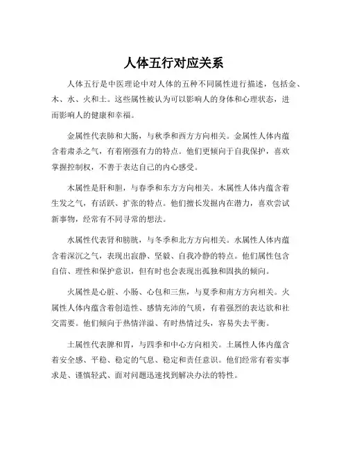 人体五行对应关系