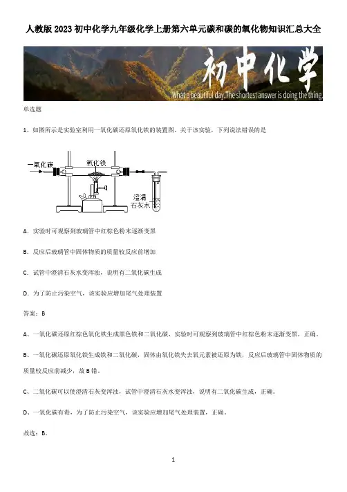 人教版2023初中化学九年级化学上册第六单元碳和碳的氧化物知识汇总大全