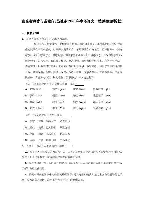 山东省潍坊市诸城市、昌邑市2020年九年级中考语文一模试卷(解析版)