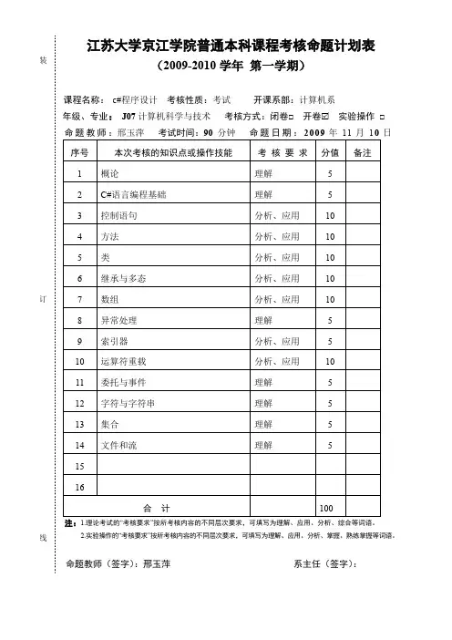 江苏大学京江学院普通本科课程考核命题计划表