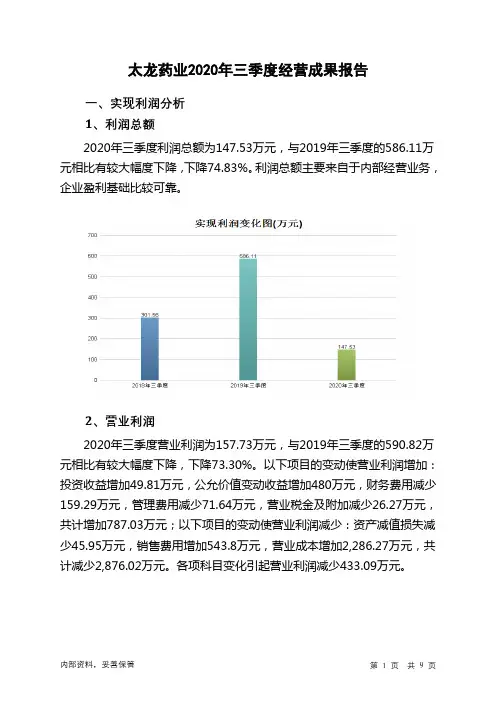 太龙药业2020年三季度经营成果报告