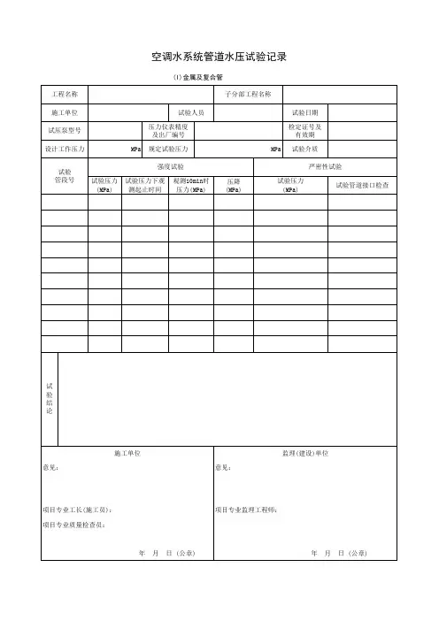 空调水系统管道水压试验记录