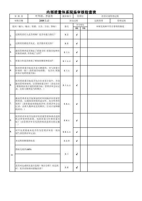 MOP管理过程方法检查表