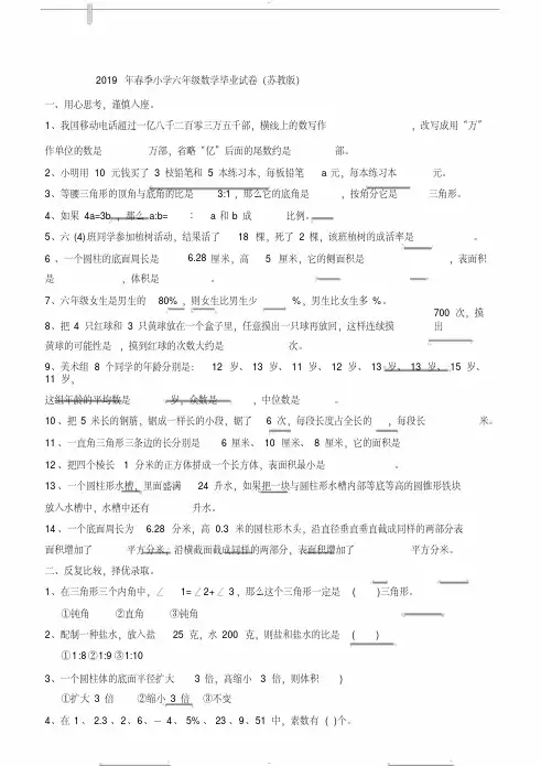 2019年小学六年级小升初数学毕业模拟试卷附参考答案