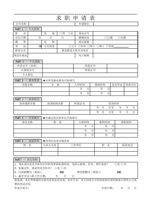 《求职申请表》(样板)