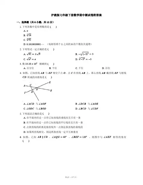 沪教版七年级下册数学期中测试卷附答案