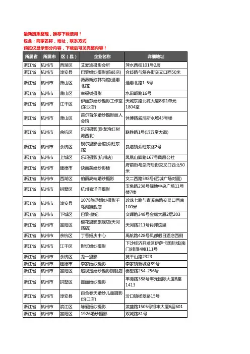 新版浙江省杭州市婚纱摄影企业公司商家户名录单联系方式地址大全292家