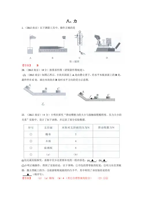 2015江苏省13市中考物理试题汇编：力(word有答案)