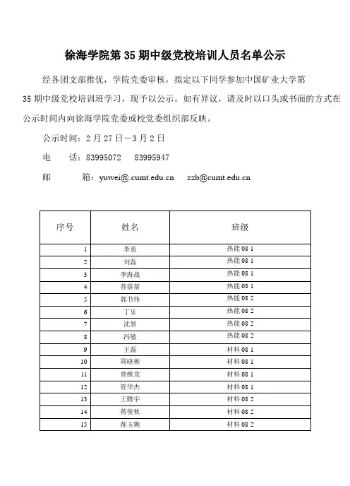 徐海学院第35期中级党校培训人员名单公示