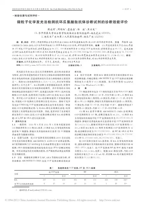 微粒子化学发光法检测抗环瓜氨酸肽抗体诊断试剂的诊断效能评价_殷波涛