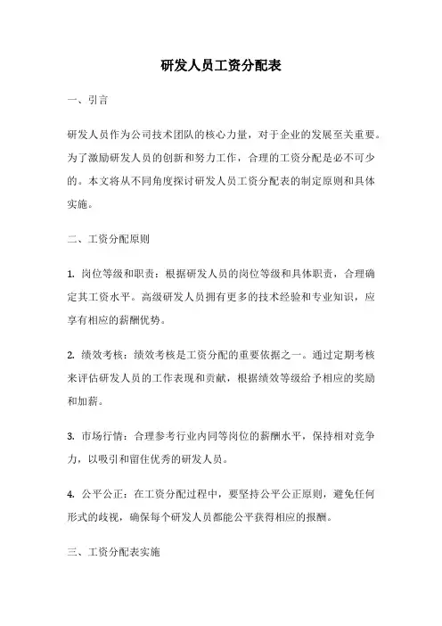 研发人员工资分配表