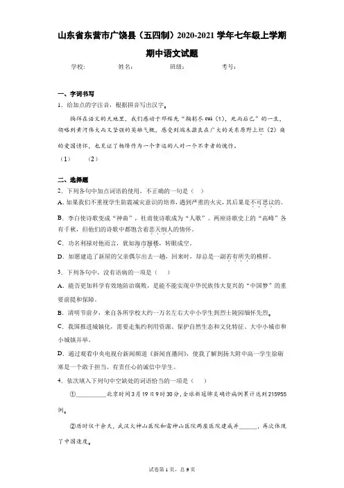 山东省东营市广饶县(五四制)2020-2021学年七年级上学期期中语文试题