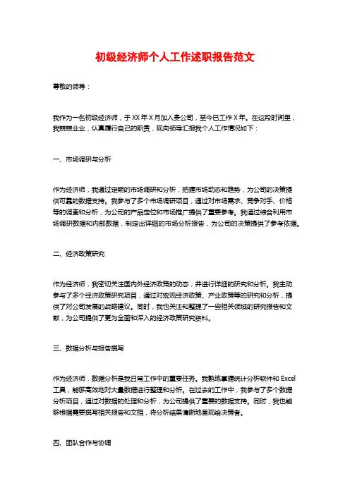 初级经济师个人工作述职报告范文