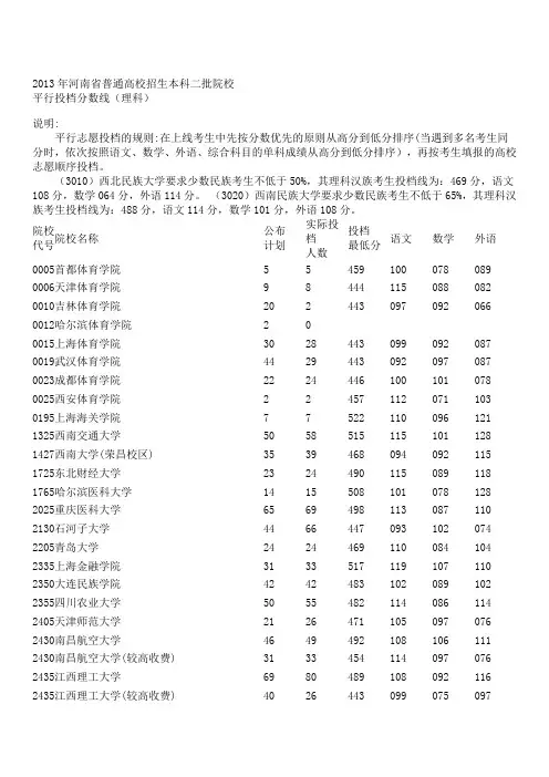 河南省2013年高考本科二批投档线 理科