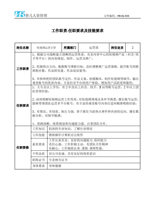 短视频运营主管工作职责和任职要求模板