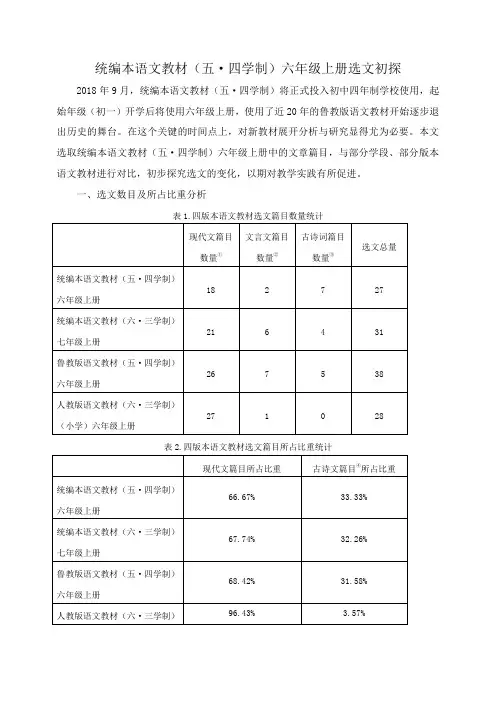 统编本语文教材(五·四学制)六年级上册选文初探