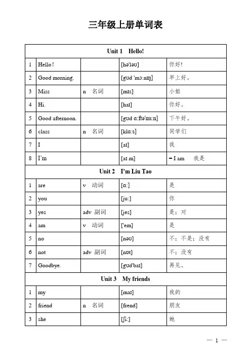 译林新版苏教版英语三年级上册单词表