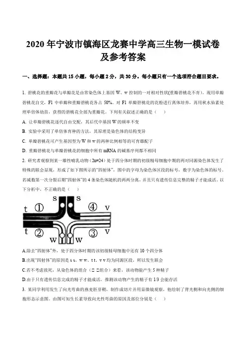 2020年宁波市镇海区龙赛中学高三生物一模试卷及参考答案