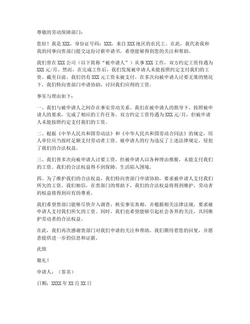 农民讨薪申请书模板范文