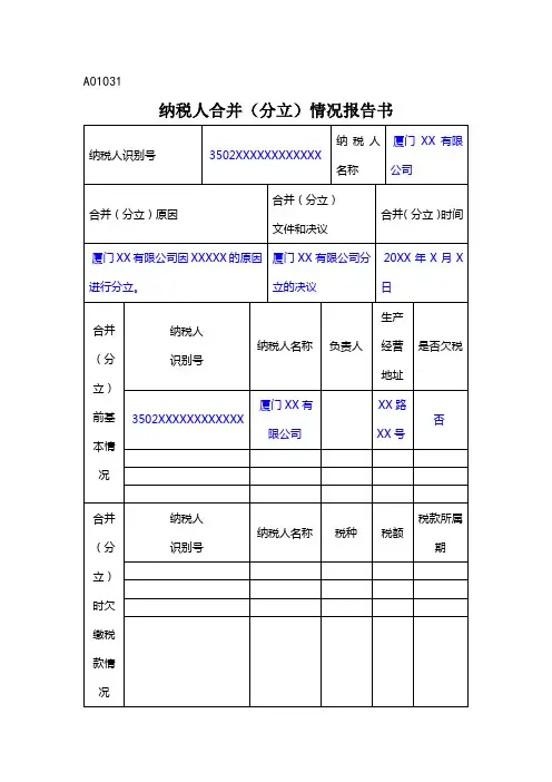 纳税人合并(分立)情况报告书【模板】