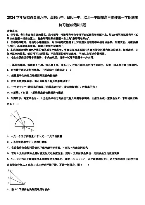 2024学年安徽省合肥六中、合肥八中、阜阳一中、淮北一中四校高三物理第一学期期末复习检测模拟试题含解