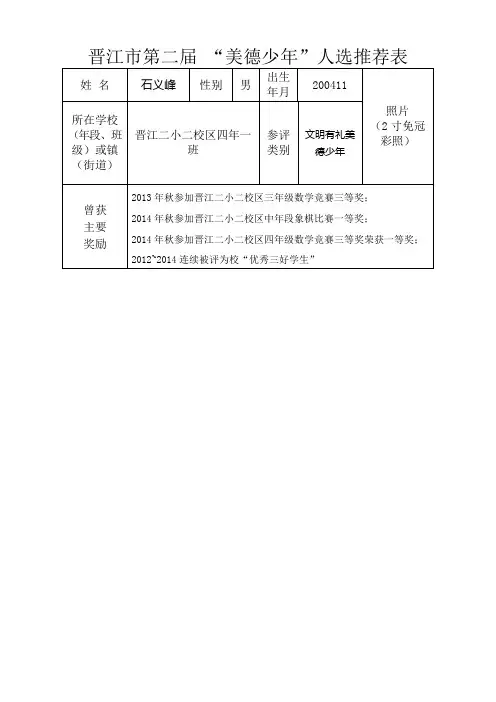 四年一班“美德少年”推荐表