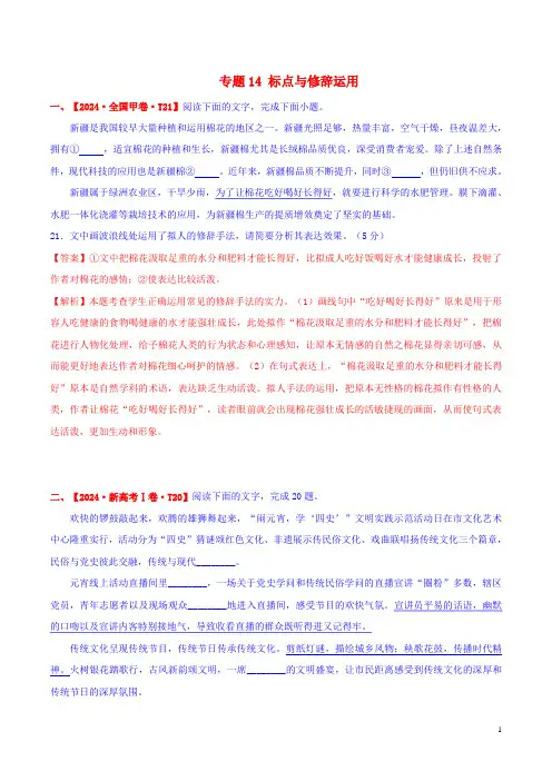 2024年高考语文真题和模拟题分类汇编专题14标点与修辞运用含解析