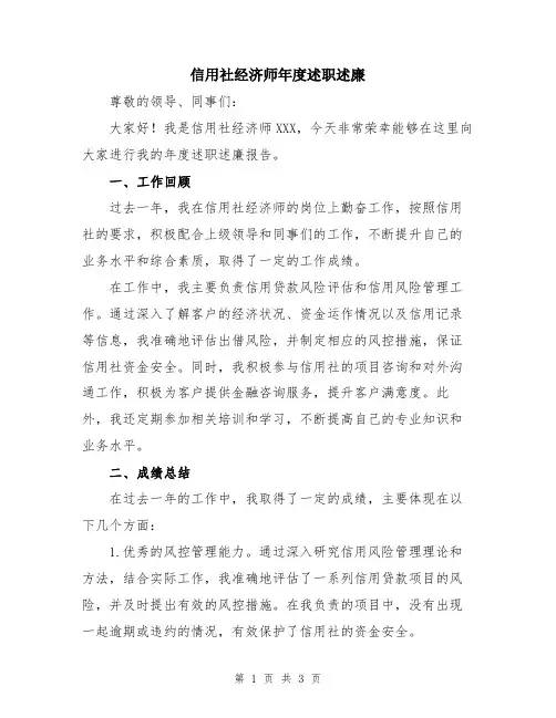 信用社经济师年度述职述廉